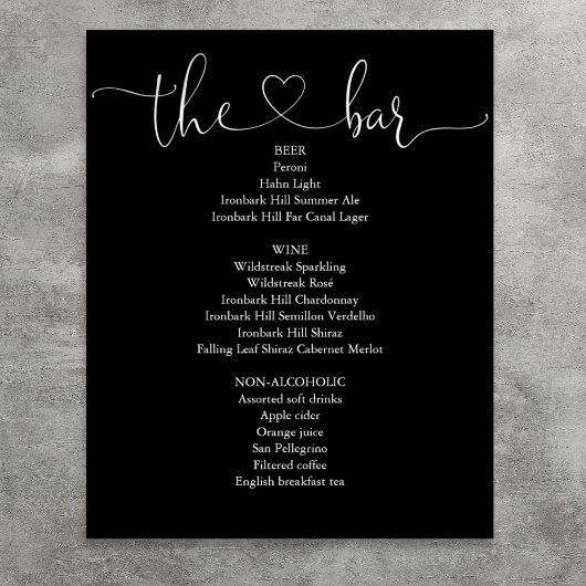 Zwart-Wit Hart Script Bar Menu Poster