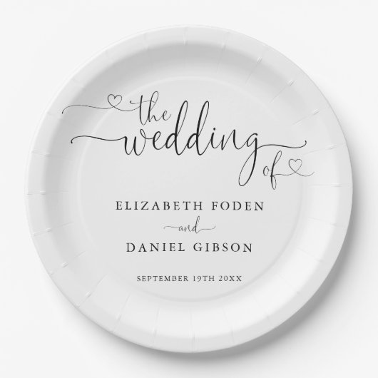 Zwart-wit hart script bruiloft papieren bordje (Voorkant)