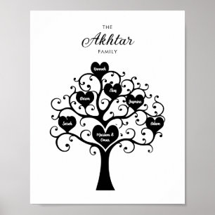 Zwart & Wit Harten Familiestamboom Poster