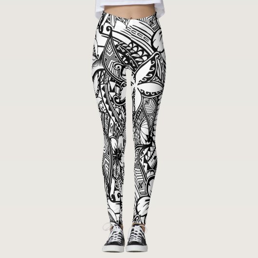 Zwart-wit Hawaïaans - Polynesiaanse tribale afdruk Leggings (Voorkant)