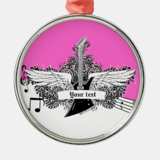 Zwart wit heet roze elektrische gitaar met vleugel metalen ornament