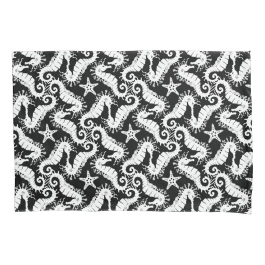 Zwart-wit Herhalend Motief | Zeepaardpatroon Kussensloop (Voorkant)