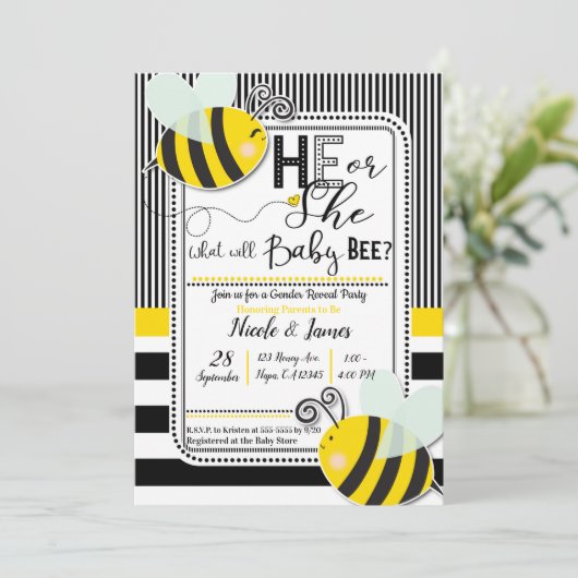 Zwart Wit Hij of Zij BEE Geslacht Onthullen Douche Kaart (Staand voorkant)