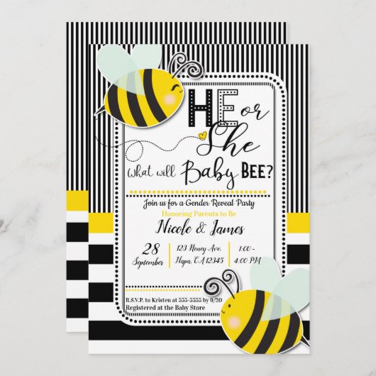 Zwart Wit Hij of Zij BEE Geslacht Onthullen Douche Kaart (Voorkant / Achterkant)