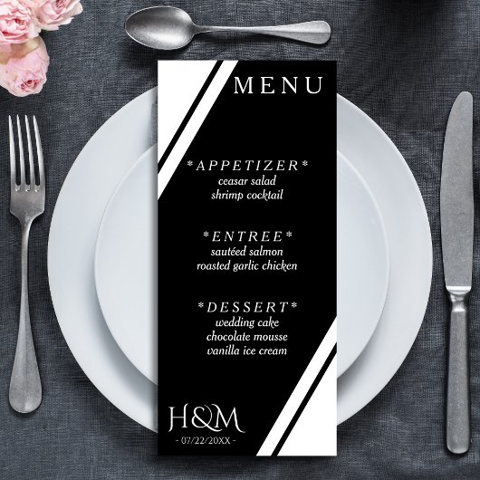 Zwart wit hoek streep diner bruiloft receptie menu