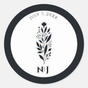 Zwart & Wit Hoge Bloem Moderne Vintage Bruiloft Ronde Sticker
