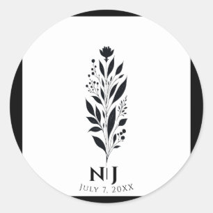 Zwart & Wit Hoge Bloem Moderne Vintage Bruiloft Ronde Sticker
