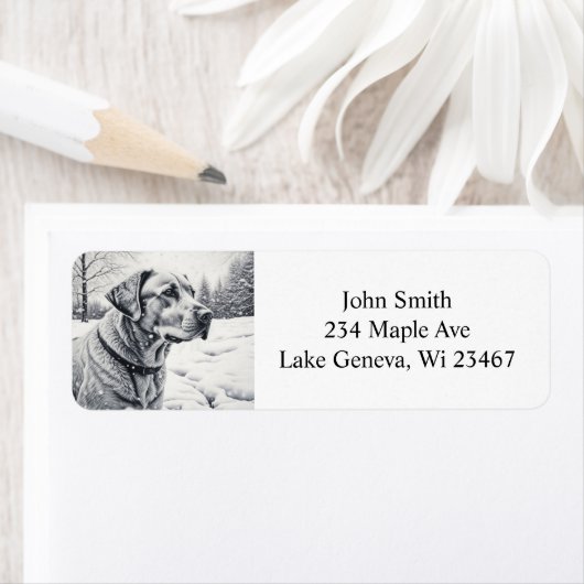 Zwart-wit Hond AI Schets Winter Scène Etiket (Insitu)