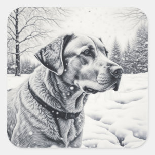 Zwart-wit Hond AI Schets Winter Scène Vierkante Sticker