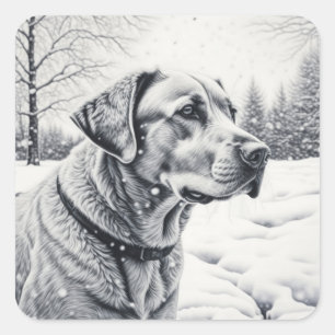 Zwart-wit Hond AI Schets Winter Scène Vierkante Sticker