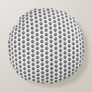 Zwart-wit hondenpootafdruk Linocut Rond Kussen
