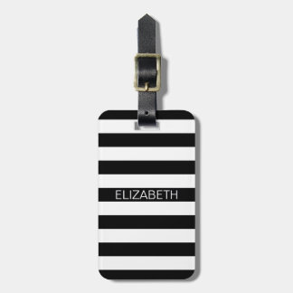 Zwart wit horizontaal preppy stripe Name Monogram Bagagelabel