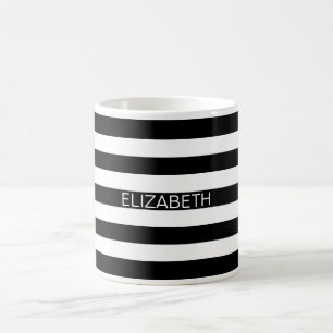 Zwart wit horizontaal preppy stripe Name Monogram Koffiemok