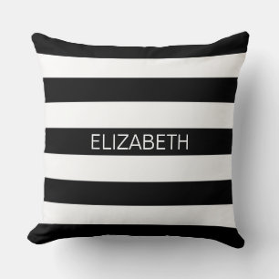Zwart wit horizontaal preppy stripe Name Monogram Kussen