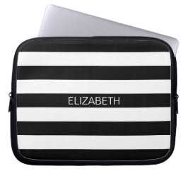Zwart wit horizontaal preppy stripe Name Monogram Laptop Sleeve
