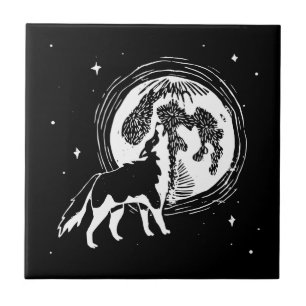 Zwart-wit Howling Husky Moon Linocut Tegeltje