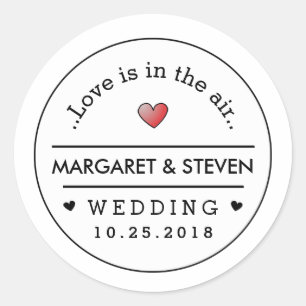 Zwart Wit Huwelijk Custom Namen & Datum Rood Hart Ronde Sticker