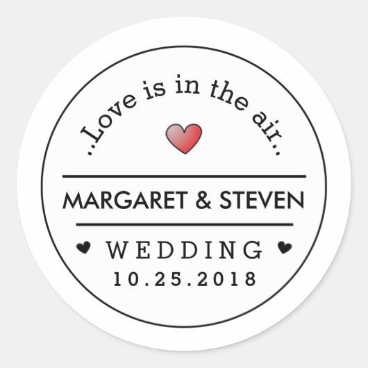 Zwart Wit Huwelijk Custom Namen & Datum Rood Hart Ronde Sticker (Voorkant)