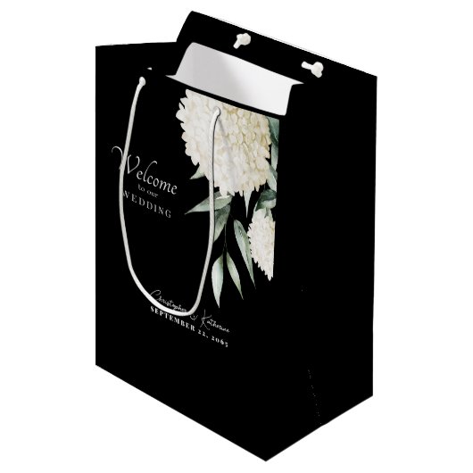 Zwart & Wit Hydrangea bruiloft welkom gebladerte Medium Cadeauzakje (Voorkant Gekanteld)
