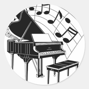 Zwart/wit Illustratie van Grote Piano & Nota's Ronde Sticker