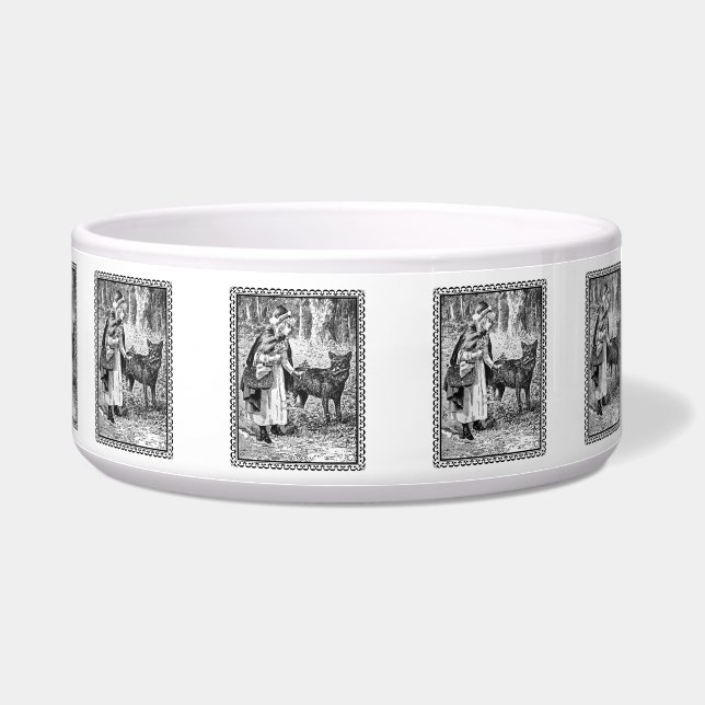  zwart wit ingelijste rode mantel wolf voerbakje (Rechts)