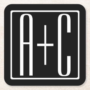 Zwart-wit Initialen voor paren Vierkante Kartonnen Onderzetter