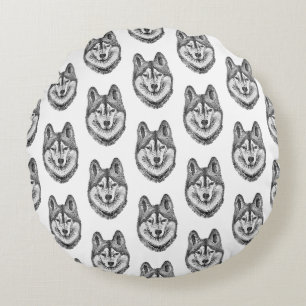 Zwart & Wit Inkt & Waterverf Siberische Husky Rond Kussen
