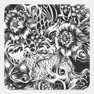 Zwart-wit Japans Koi tattoo kunst. Vierkante Sticker