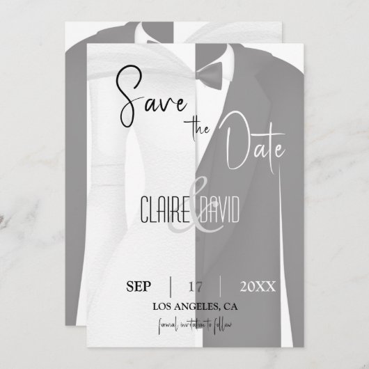 Zwart-wit jurk smoking save-the-date kaart (Voorkant / Achterkant)