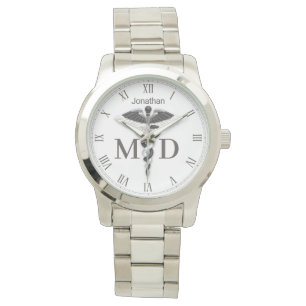 Zwart wit Kaduceus Naam Medische arts MD Watch Horloge