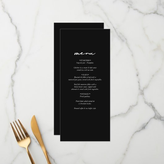 Zwart & Wit Kalligrafie Handtekening Script Bruilo Menu (Voorkant / Achterkant in situ)