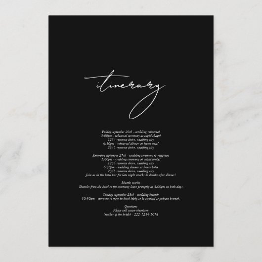Zwart & Wit Kalligrafie Script Huwelijksreis Programma (Achterkant)