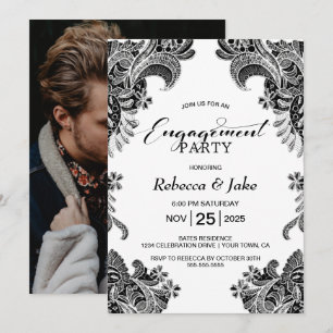 Zwart Wit Kant Custom Photo Engagement Party Kaart