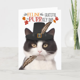 Zwart Wit Kat Feline Dankbaar voor PURRkey Day Feestdagen Kaart