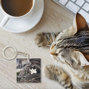 Zwart Wit Kat Gargoyle Sleutelhanger