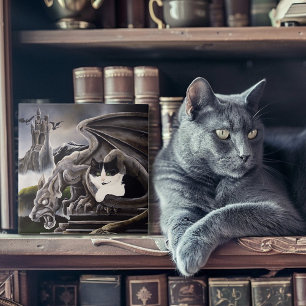 Zwart Wit Kat Gargoyle Tegeltje