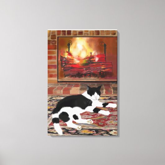 Zwart Wit Kat Liggend voorzijde van Open haard Canvas Afdruk (Voorkant)