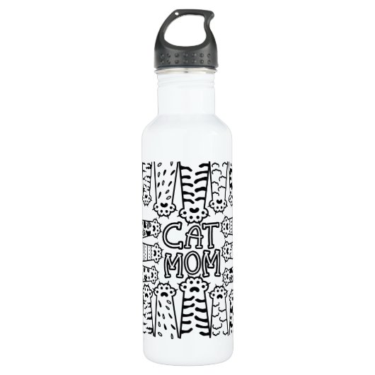 Zwart & Wit Kat Moeder Poot Print Ontwerp Waterfles (Voorkant)