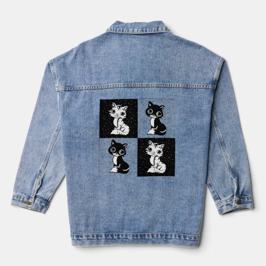 Zwart Wit Kat Monogram Blok Print Denim Jacket (Achterkant)