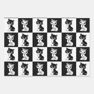 Zwart Wit Kat Monogram Blok Print Inpakpapier Vel