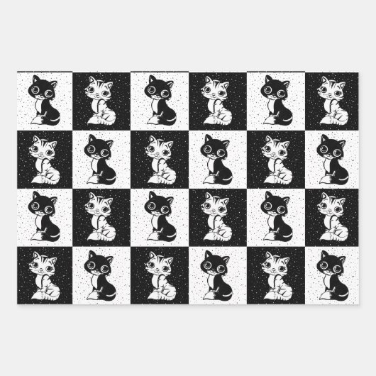 Zwart Wit Kat Monogram Blok Print Inpakpapier Vel (Voorkant)