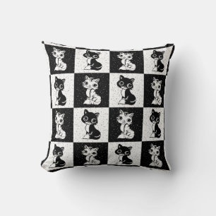 Zwart Wit Kat Monogram Blok Print Kussen