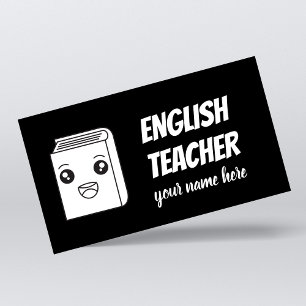 Zwart-wit Kawaii Book Cute English Teacher ESL Visitekaartje