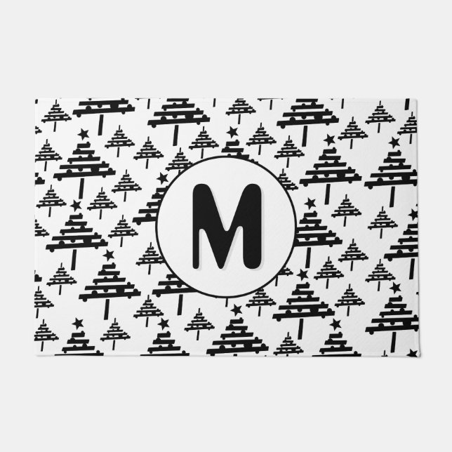 Zwart wit kerstboommonogram deurmat (Voorkant)