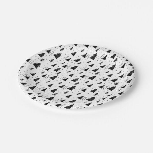 Zwart-wit kerstboompatroon papieren bordje (Gekanteld)