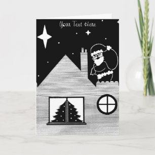 Zwart-wit Kerstman met zak op dak Kerstmis Feestdagen Kaart