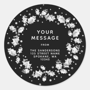 Zwart+Wit Kerstmis Hulst Krans Retouradres Ronde Sticker