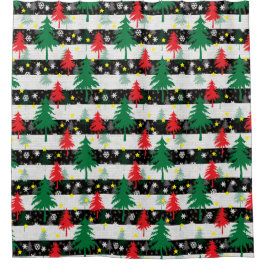 Zwart Wit Kerstmis Sneeuw Strepen Rood Groen Bomen Douchegordijn