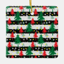 Zwart Wit Kerstmis Sneeuw Strepen Rood Groen Bomen Keramisch Ornament