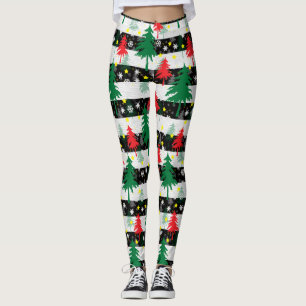 Zwart Wit Kerstmis Sneeuw Strepen Rood Groen Bomen Leggings